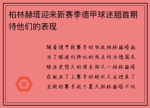 柏林赫塔迎来新赛季德甲球迷翘首期待他们的表现