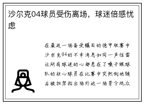 沙尔克04球员受伤离场，球迷倍感忧虑